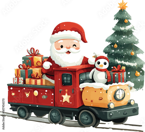 Cute Santa Claus Driving a Christmas Train with Gifts and a Penguin