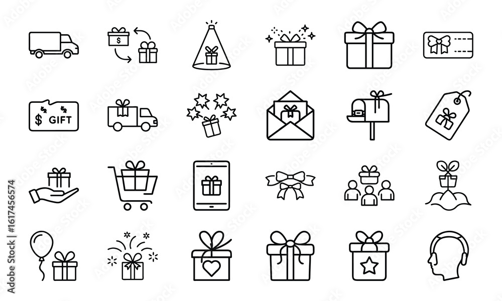Fototapeta premium Gift and Delivery Line Icons – Minimal Vector Set for Online Shopping, Gifting, Subscriptions, and Celebration Themes