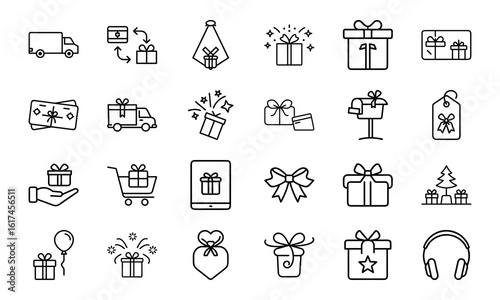 Gift and Delivery Line Icons – Minimal Vector Set for Online Shopping, Gifting, Subscriptions, and Celebration Themes

