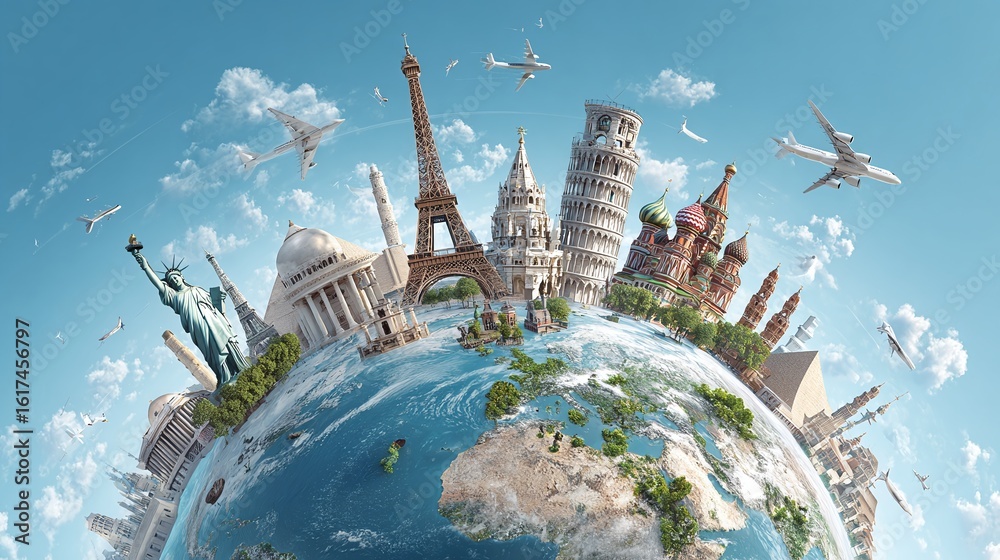 Fototapeta premium Famous world landmarks on globe with airplanes in sky