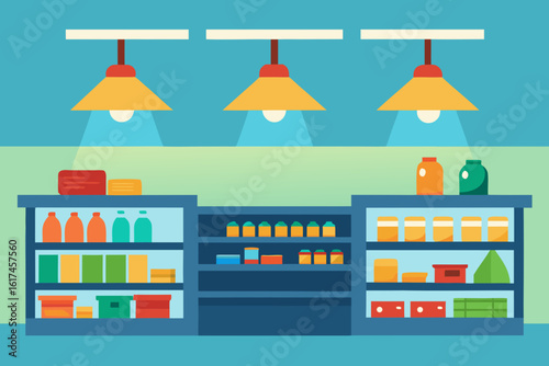 Flat design illustration of a retail store aisle with shelves stocked with products