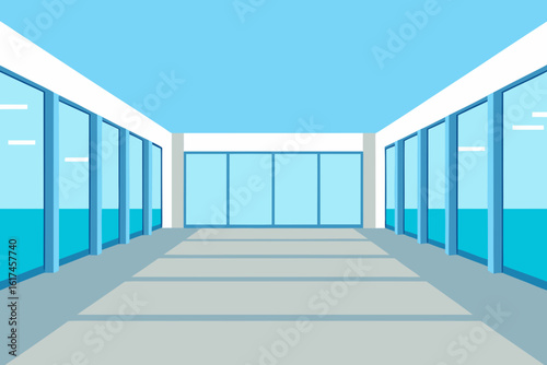 Modern architectural interior hallway with large glass windows and natural light