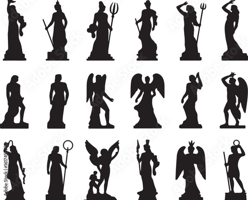 Ancient figures winged beings mythological characters statues silhouette