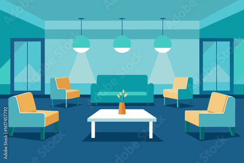 Modern waiting room with teal sofa orange chairs and coffee table