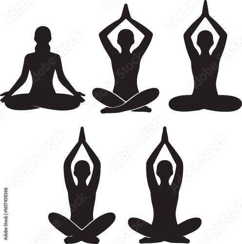 Black silhouette figures in various yoga poses meditation