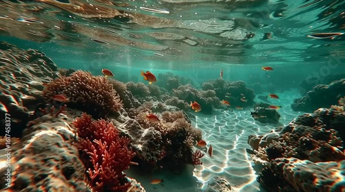 A beautiful underwater scene with a coral reef and a school of fish. The fish are swimming in the water and the coral is colorful