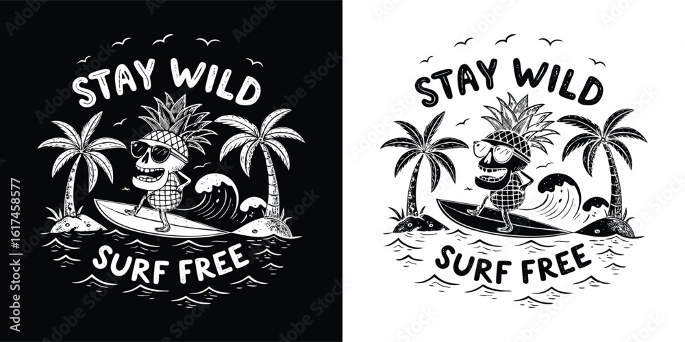 Obraz premium Stay wild surf free tropical skull character surfing ocean waves with palm trees and island cartoon doodle for t shirt design