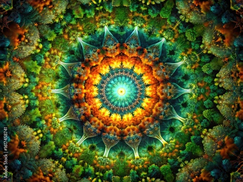 Kaleidoscope Bokeh: Green Orange Abstract Psychedelic Art,  Intricate Pattern,  Bokeh Photography,  Digital Art,  Fantasy Background