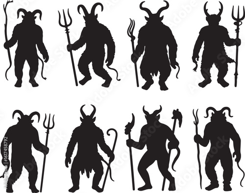 Horned figures with staffs and tridents silhouette demonic