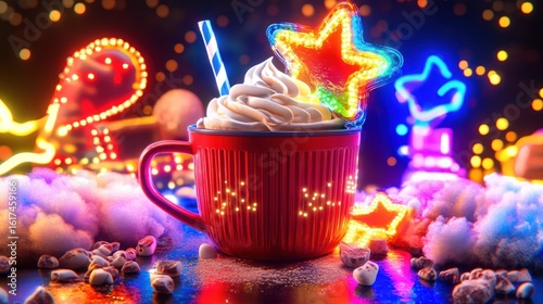 Festive hot cocoa, neon lights, winter scene, holiday treat, website banner