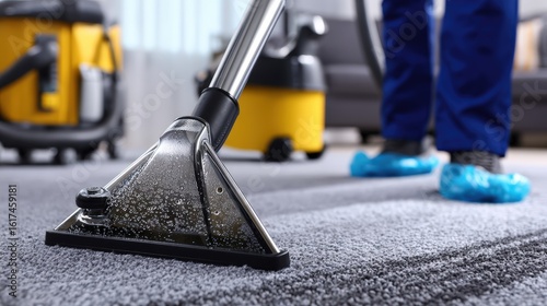 A close-up of a professional carpet cleaning machine in use, with a person wearing blue shoe covers standing on a carpeted floor.