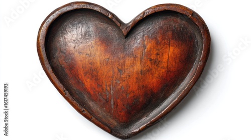 Antique heart-shaped wooden bowl on white, rustic background, perfect for Valentine's Day