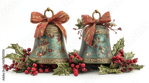 Teal Christmas bells, red berries, holly, studio, festive decor