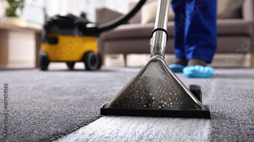 A professional cleaner uses a carpet cleaning machine to deep clean a gray carpet in a living room setting.