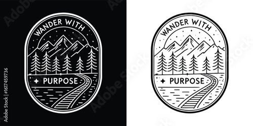 Vintage wilderness mountain badge with pine trees, railroad track, stars, and wander with purpose phrase for adventure t shirt design