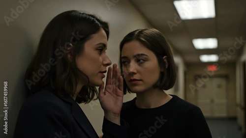 Two young businesswomen whispering a secret or confidential information in a dimly lit office hallway