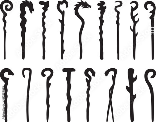 Black silhouette walking sticks with decorative handles and shafts canes staffs