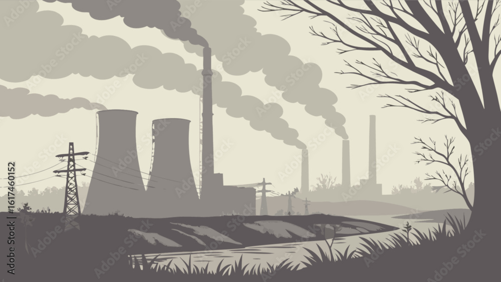Fototapeta premium A somber landscape featuring a factory emitting smoke near a river, highlighting the environmental concerns of industrial pollution
