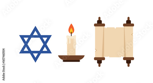 Symbols of Faith: A collection of illustrative representations of faith. Featuring a Star of David, a lit candle, and a scroll of ancient knowledge, representing devotion and traditions.