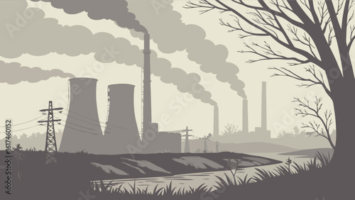 A somber landscape featuring a factory emitting smoke near a river, highlighting the environmental concerns of industrial pollution