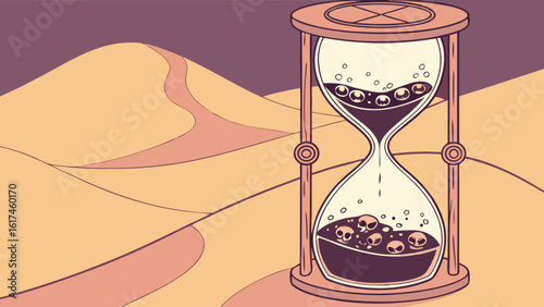 A vintage illustration of an hourglass in a desert landscape, with skulls instead of sand, symbolizing the passage of time and the inevitability of death