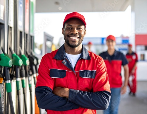 Friendly gas station attendant smiles
