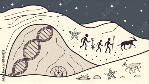 A symbolic illustration depicts the evolution of life, showing cave paintings of early humans and animals alongside a dna strand, set against a backdrop of mountains and stars