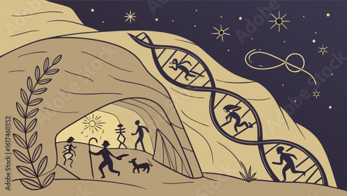 A symbolic illustration shows the evolution of humans depicted in cave paintings, intertwined with a dna strand, symbolizing the progression of life and heritage