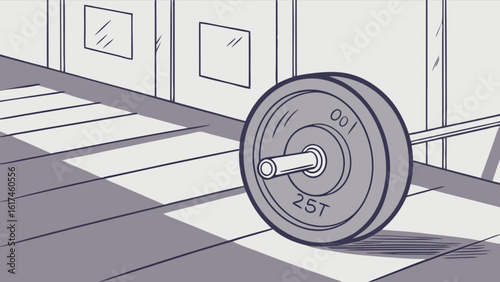 A barbell with weights rests on the floor of a gym, casting a shadow in a cartoon style illustration