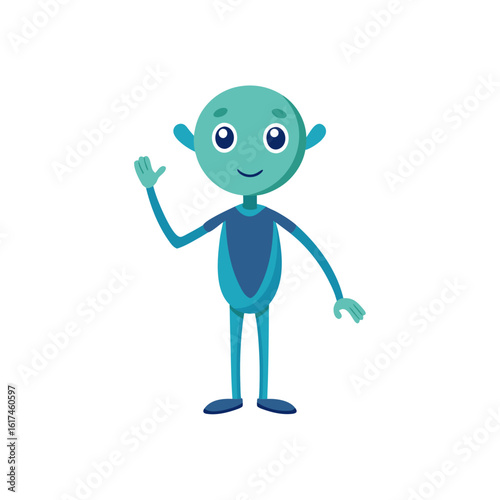 Friendly cartoon alien waving hello against a black background