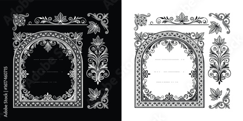 Vintage floral certificate frame with decorative baroque ornaments, swirling leaves, and blank arch layout in black and white for document or t shirt design