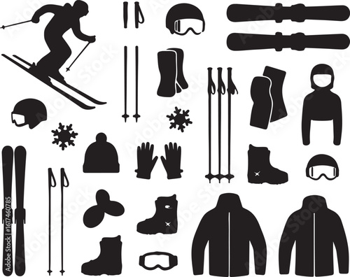 Silhouette of skier and winter sports equipment skis ski poles