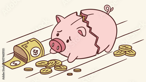 A broken piggy bank with scattered money symbolizes financial loss and economic hardship, representing a setback in savings and investment