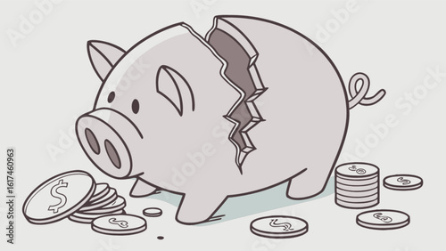 A broken piggy bank with scattered coins illustrates financial loss and economic hardship, symbolizing a setback in savings and investment planning