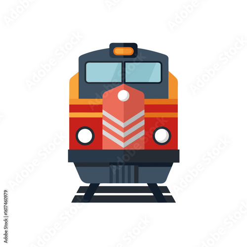 Modern red and blue train locomotive front view