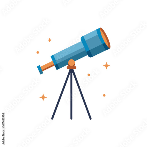 Blue telescope on a tripod with stars in the night sky