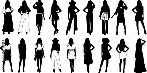 silhouettes of diverse women, various poses, standing, walking, arms at sides, hands on hips, wearing dresses, pants, skirts, tops, long hair, short hair, hats, confident, stylish, black and white