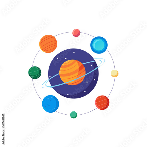 Colorful planets orbiting a ringed gas giant in space