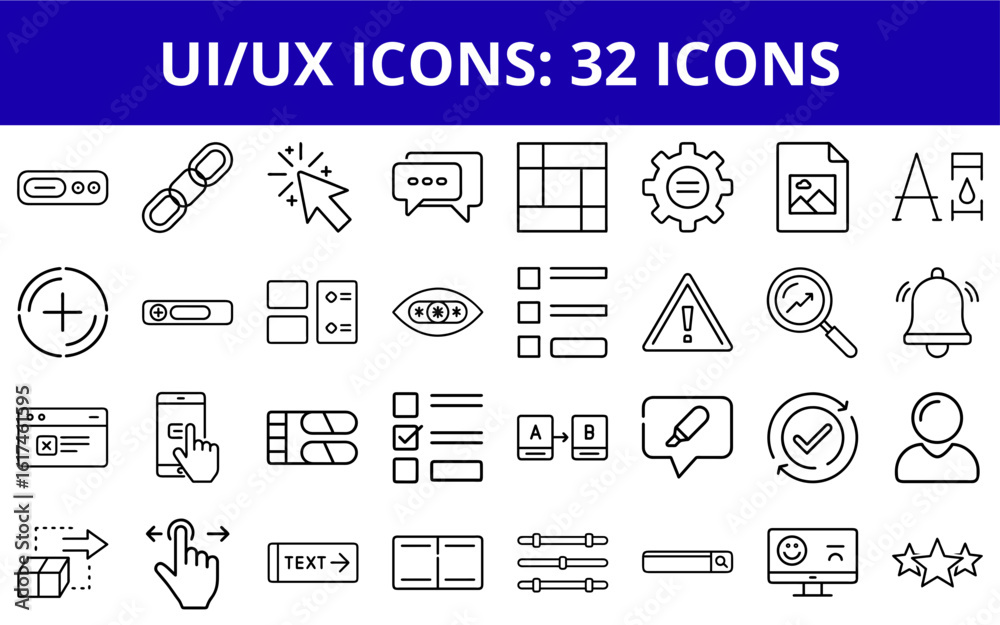 Fototapeta premium UI/UX icons set featuring 32 different designs in outline style