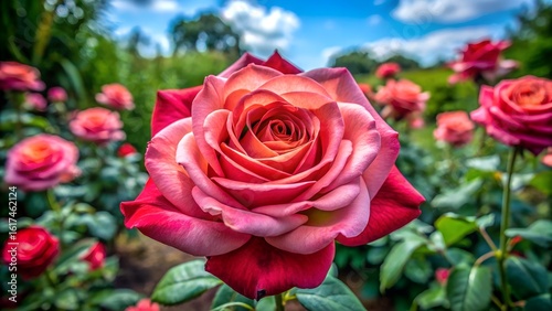 Close up of a vibrant pink and red rose in full bloom with a blurred garden background