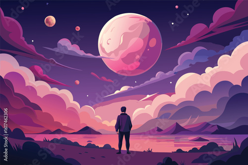 Man gazes at large pink planet and purple clouds over water looking moon