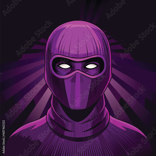Purple masked figure with glowing white eyes and radiating background person