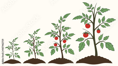 The tomato plant growth stages are depicted in an illustration, showcasing the development from seedling to mature plant with ripe tomatoes
