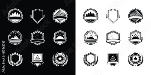 Vintage badge and emblem set in black and white with blank banners, mountain icons, laurel wreaths, star symbols, and shield shapes
