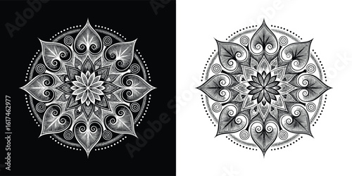Detailed black and white mandala with floral and paisley elements in radial symmetry for t shirt design and spiritual artwork