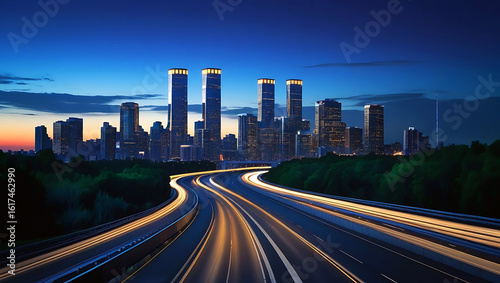 Vibrant Cityscape Illuminated by Twilight and Streaking Headlights