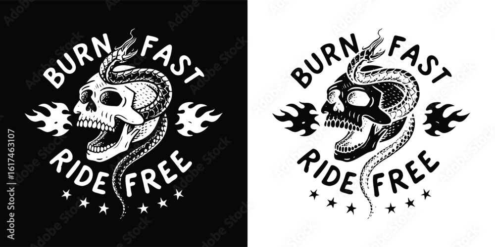 Fototapeta premium Aggressive skull with coiled snake, flames, and “Burn Fast Ride Free” slogan in bold tattoo style for biker t shirt design