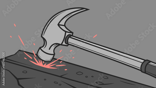 A metal hammer strikes a surface, creating sparks and symbolizing construction, repair, and the power of hand tools