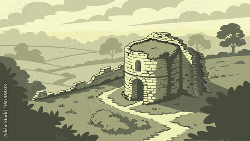 An ancient stone ruin sits amidst a rolling green landscape, evoking a sense of history and tranquility in the rural countryside