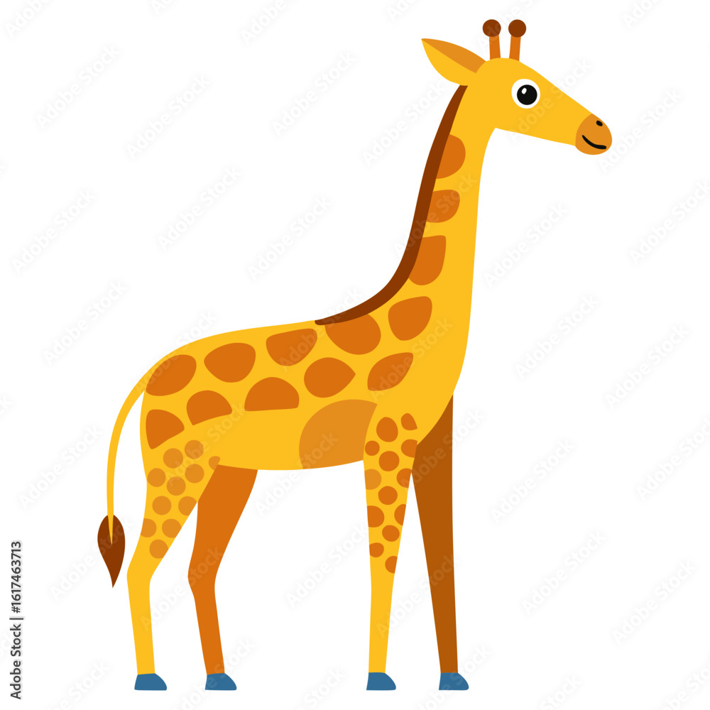 Naklejka premium Cute cartoon giraffe with brown spots and yellow body standing on white background
